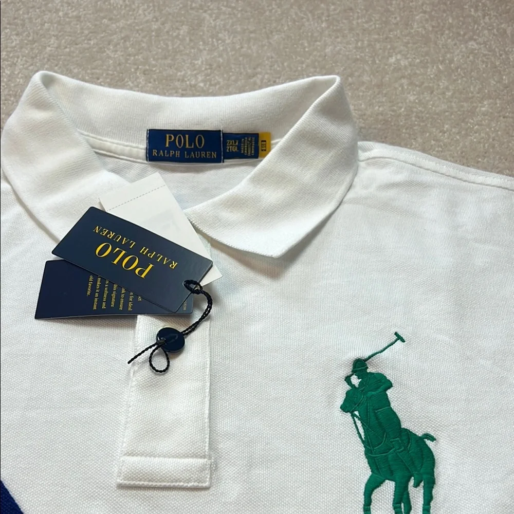 Polo Ralph Lauren Mens Big Pony Sash Polo Shirt White Blue‎ Green 2XL NWT